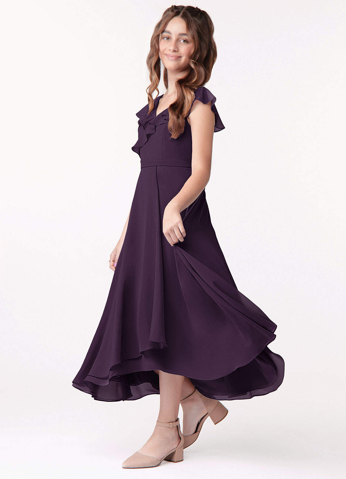 Azazie Posie Junior Plum A-Line Ruched Chiffon Dress image1