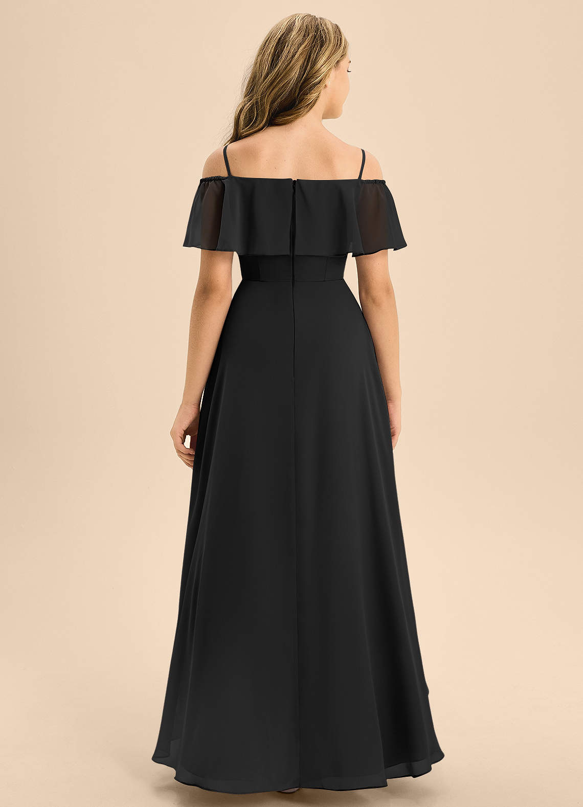 Azazie Maggie Junior A-Linie Schulterfrei Chiffon Kleid Schwarz image5
