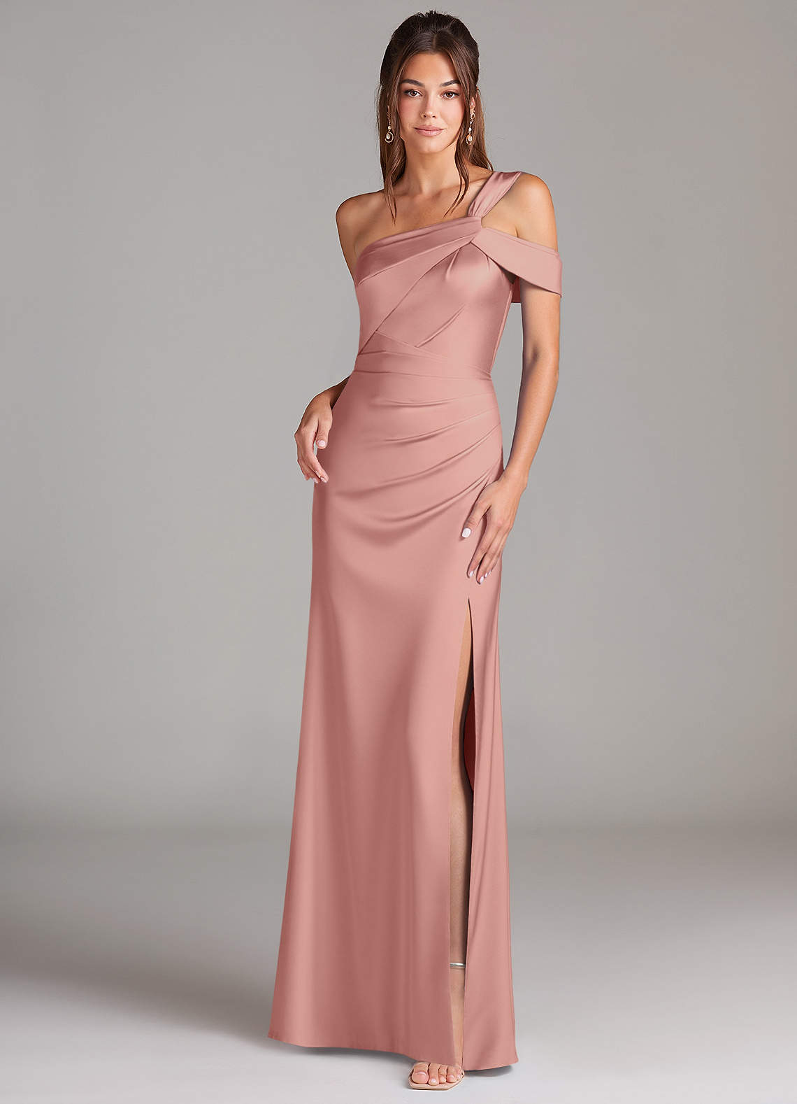 Azazie Wynter Bridesmaid Dresses Rosette Sheath Off the Shoulder Stretch Satin Dress image1