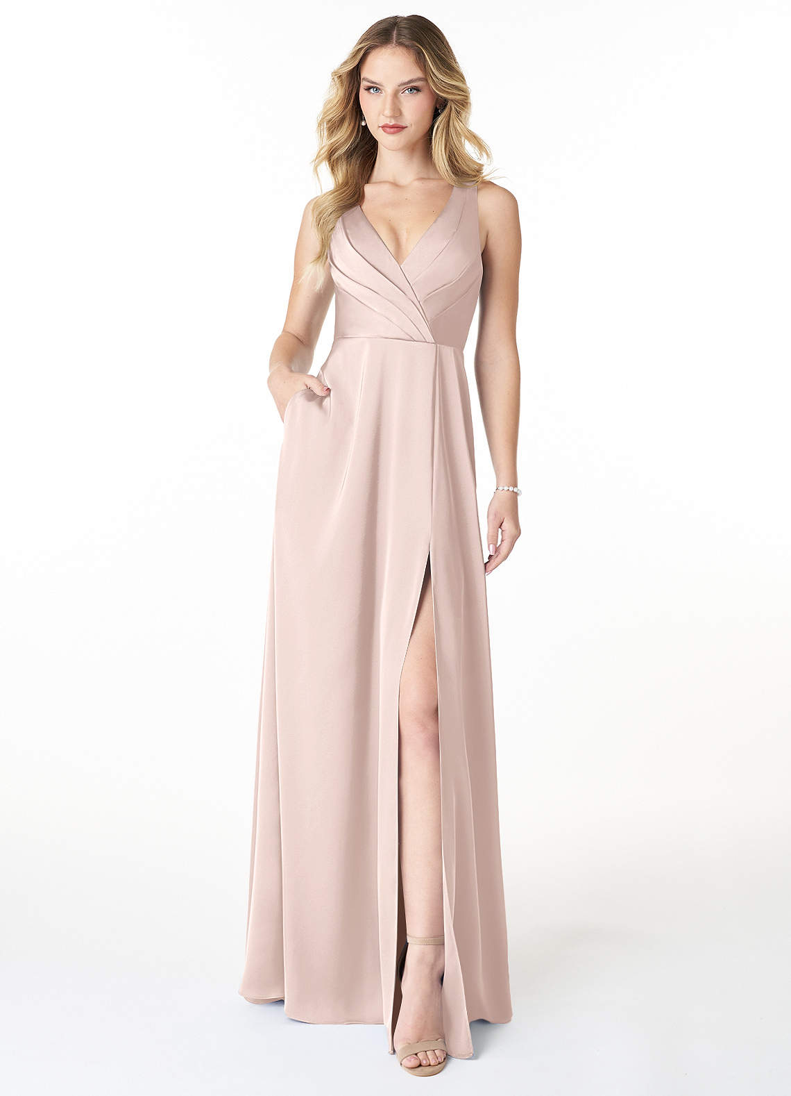 Azazie Nelly Bridesmaid Dresses Blushing Pink A-Line V-Neck Pleated Stretch Satin Dress image1