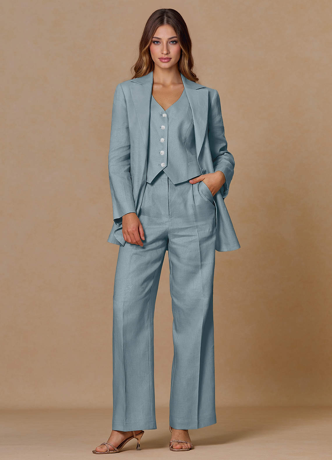 front Belicia Dusty Blue 100% Linen 2-Piece Suit
