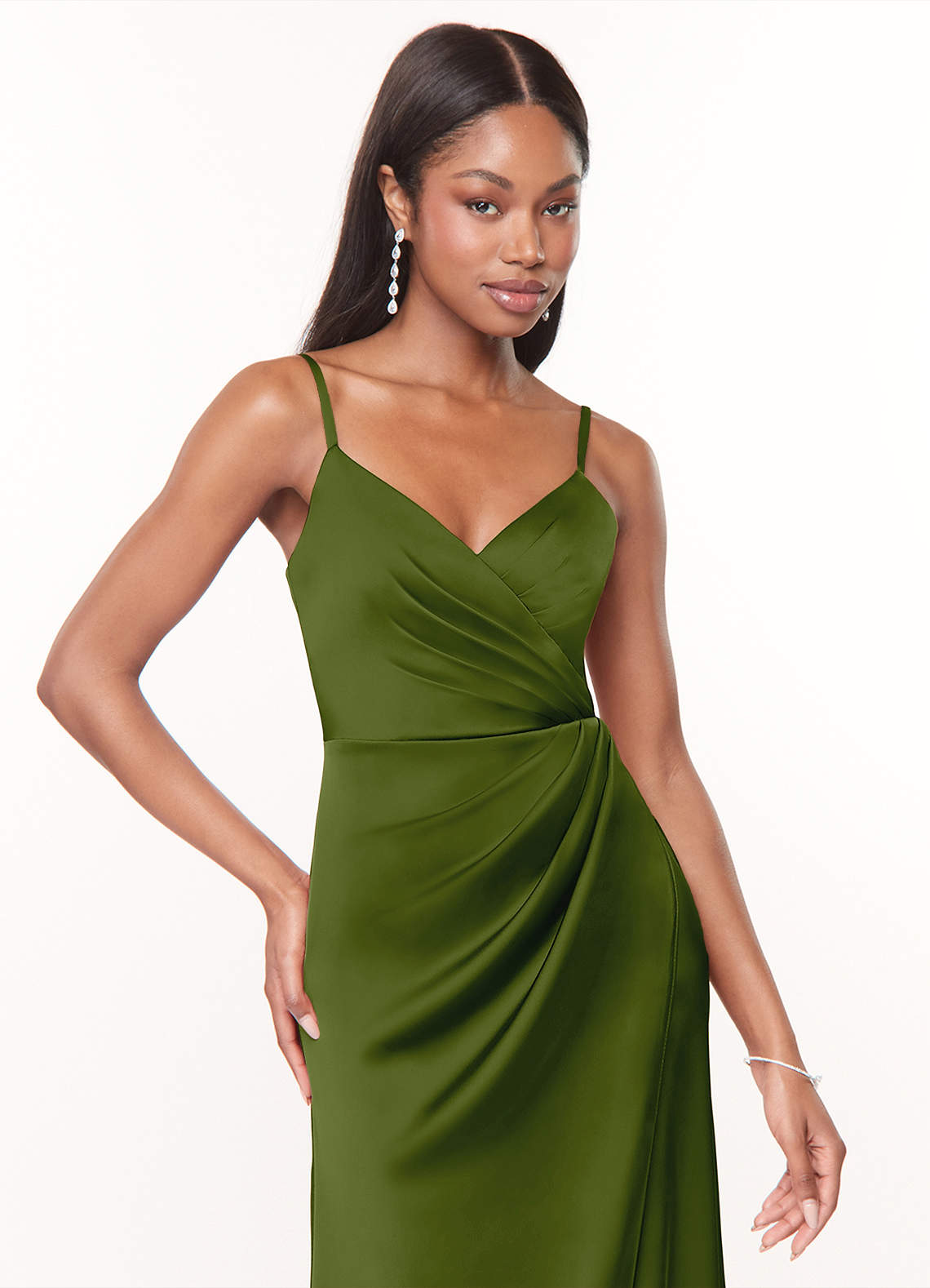 Azazie Maci Bridesmaid Dresses Juniper A-Line V-Neck Pleated Stretch Satin Dress image4