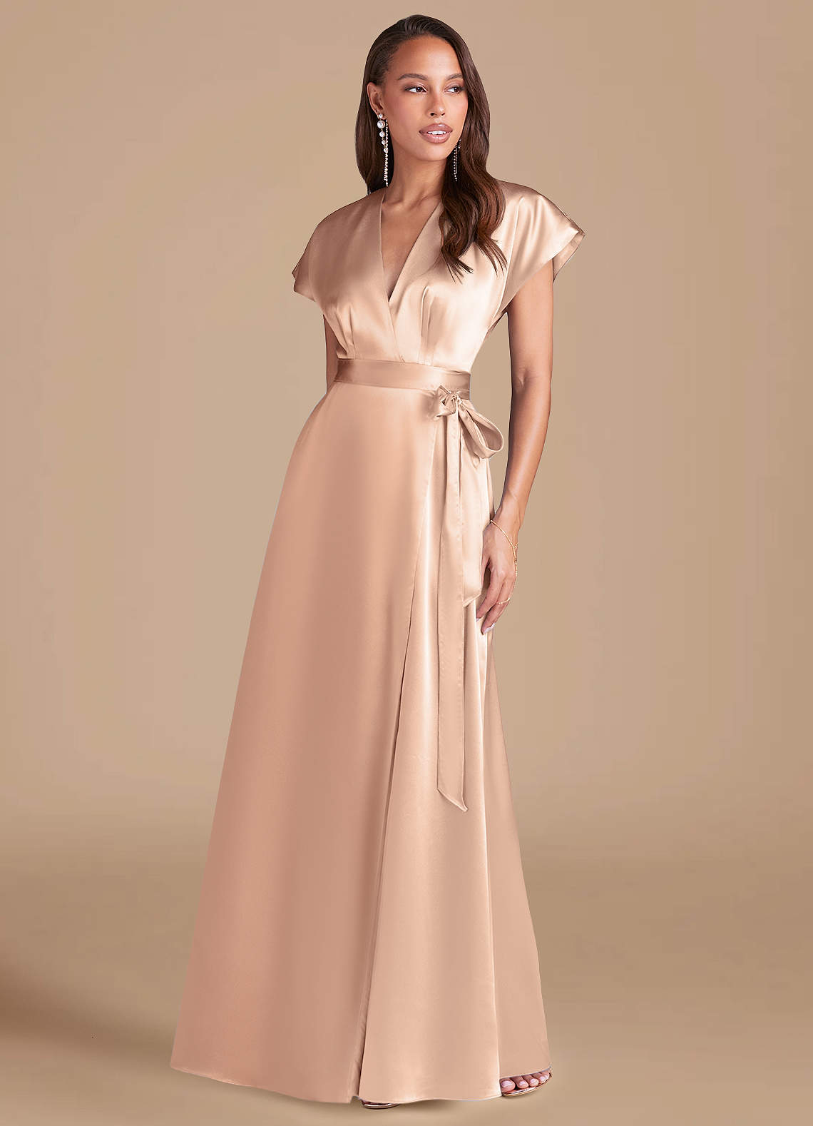 Azazie Nico Bridesmaid Dresses English Rose A-Line Pleated Metallic Satin Dress image1