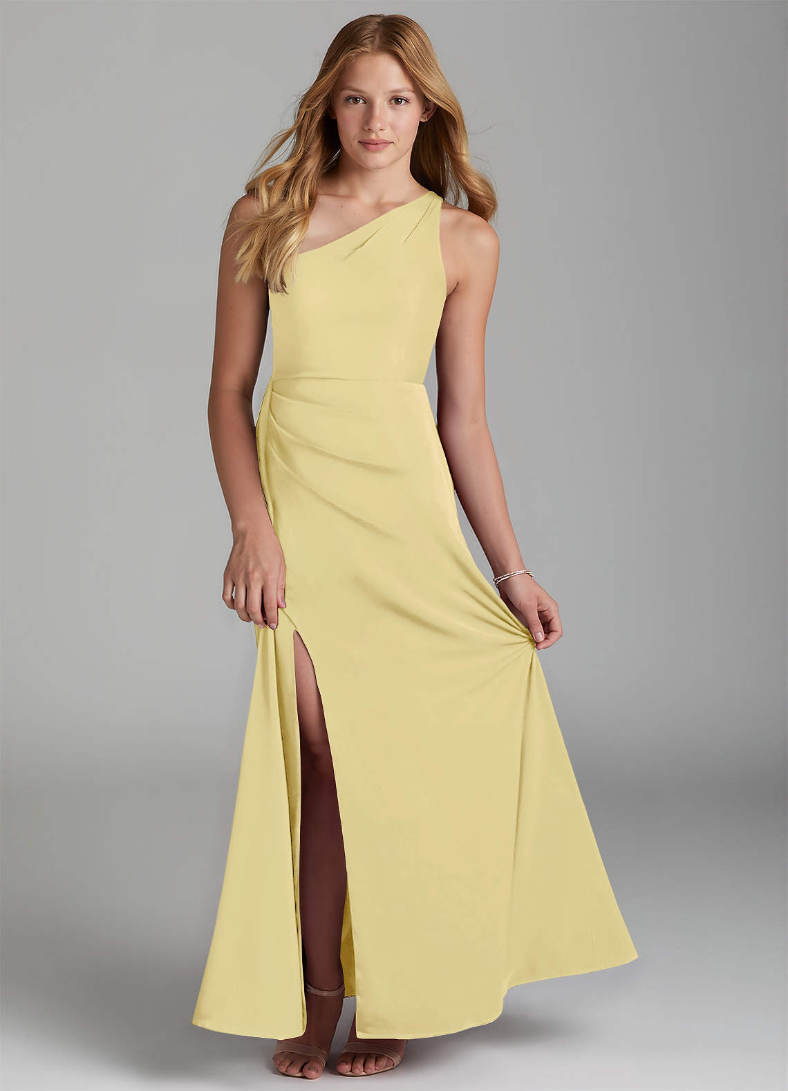 Azazie Maron Junior Lemon Sorbet A-Line Pleated Stretch Satin Dress image1