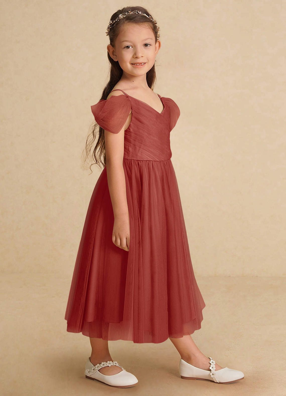 Azazie Lizzette Robe Demoiselle D'honneur Fillette Robe Trapèze en Tulle Rayé Terracotta image1