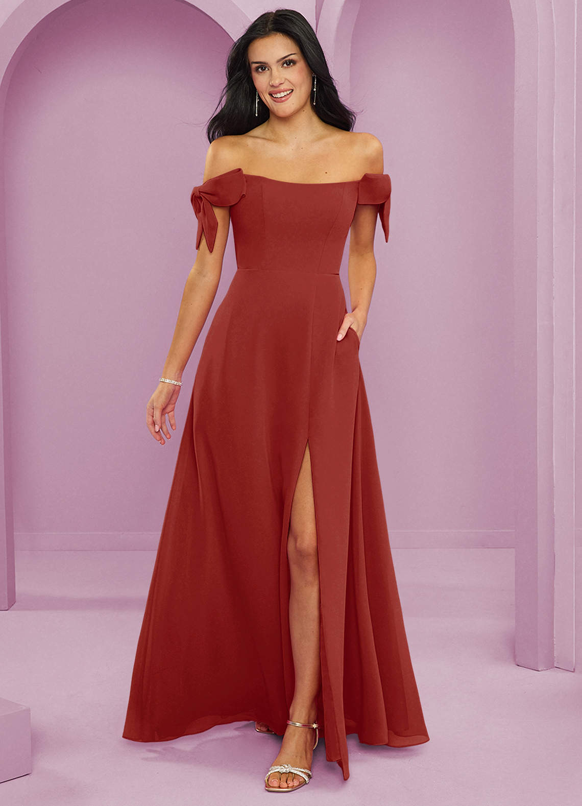 Barbie ♥ Azazie Bridesmaid Dresses Terracotta A-Line Off the Shoulder Chiffon Convertible Dress image1