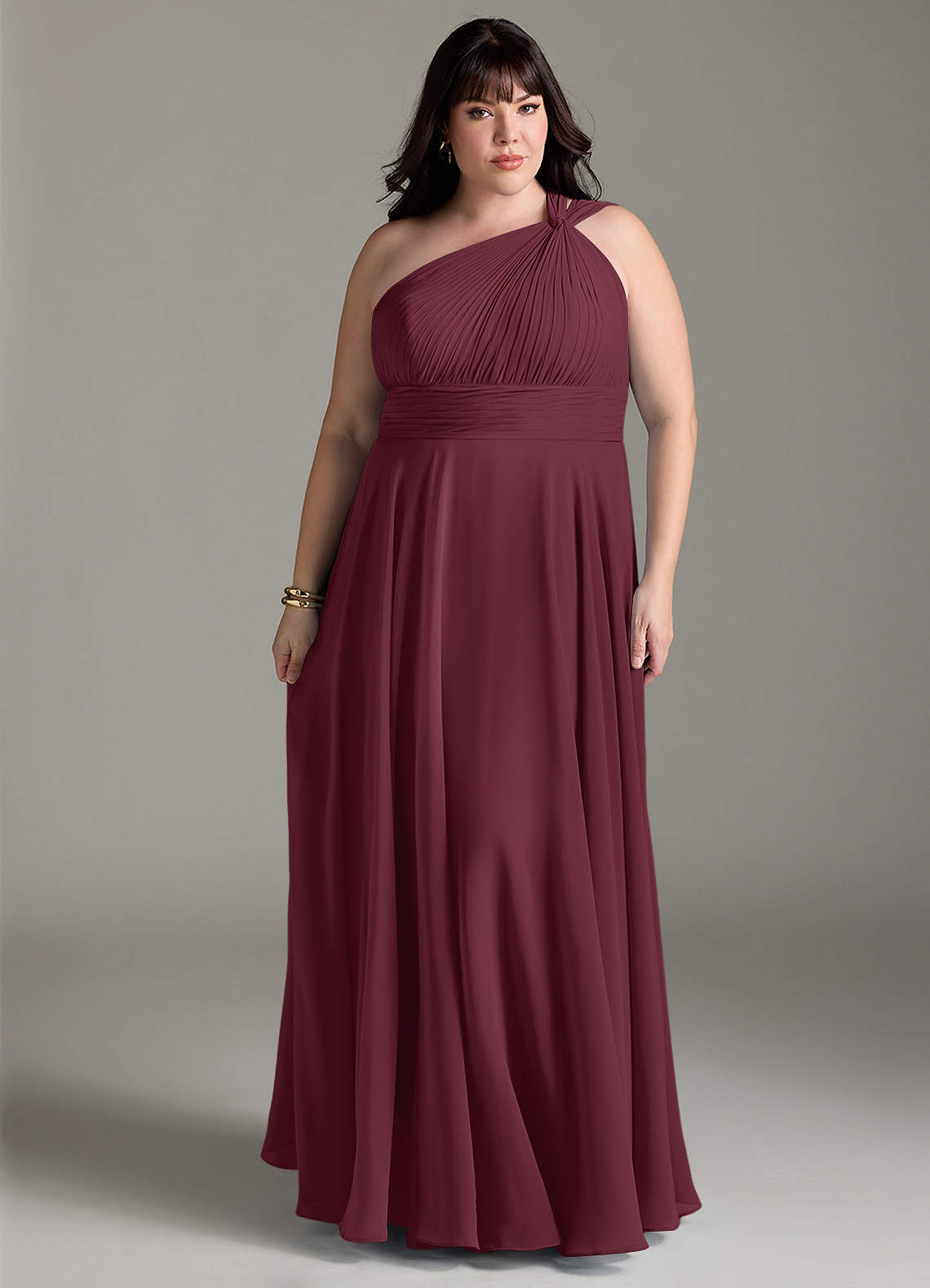 Azazie Charlize Vestidos de damas de honor Vestido de Cabernet de Gasa de Corte en A con Hombro unilateral image6