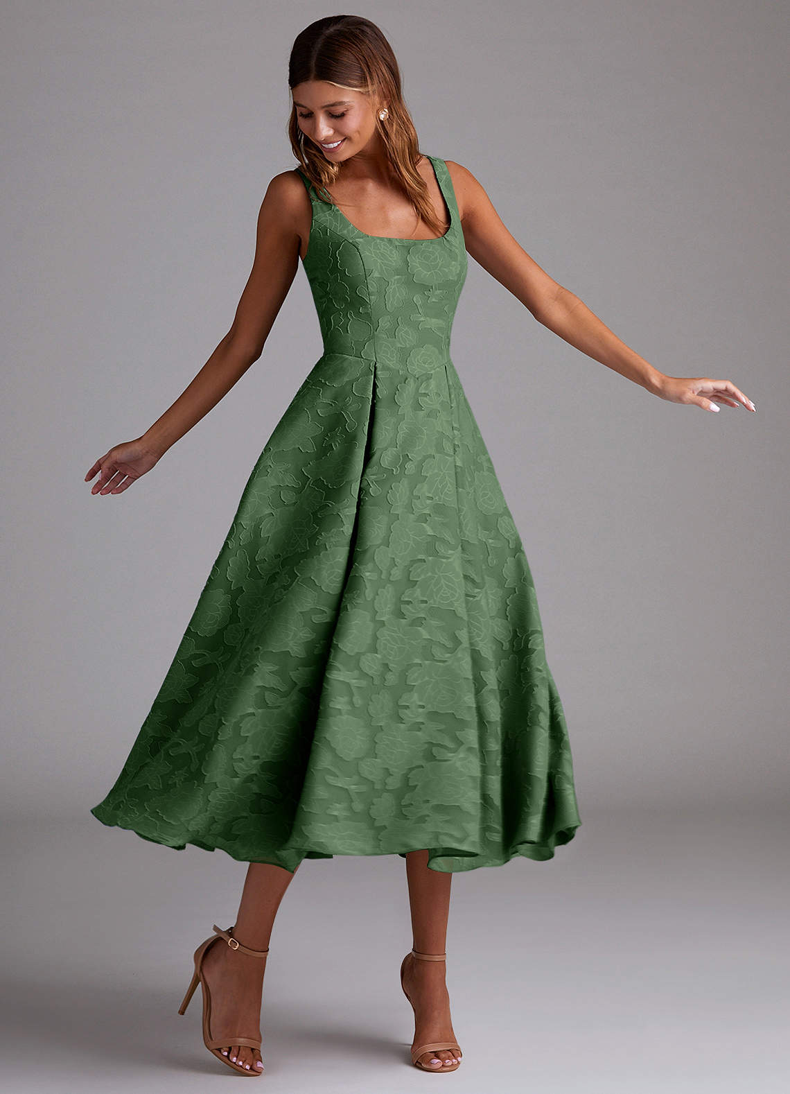 Azazie Amalie Bridesmaid Dresses Eucalyptus A-Line Pleated Floral Burnout Dress image2