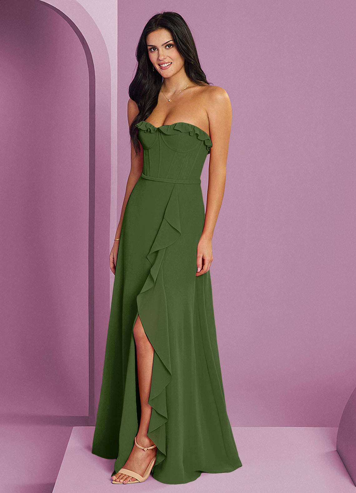 Barbie ♥ Azazie Bridesmaid Dresses Olive A-Line Sweetheart Neckline Chiffon Dress image1