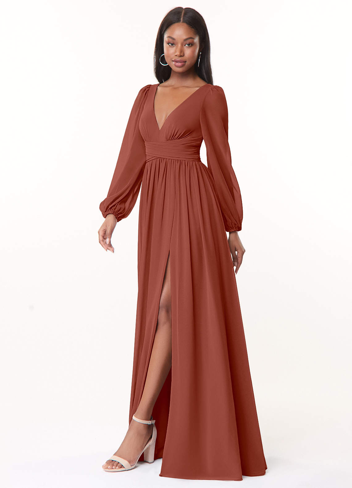 Azazie Norah Bridesmaid Dresses Auburn A-Line V-Neck Long Sleeve Chiffon Dress image3