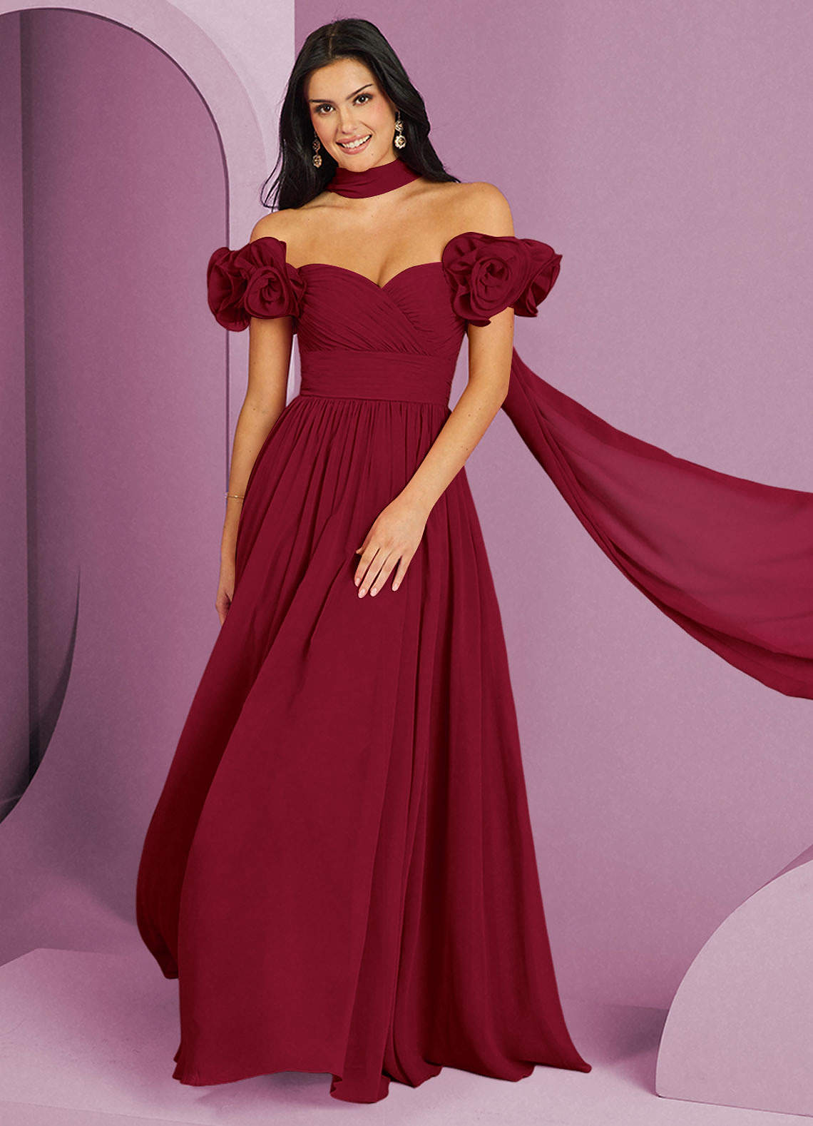 Barbie ♥ Azazie 신부 들러리 드레스 오프숄더 러플 로제트 A라인 드레스 image1