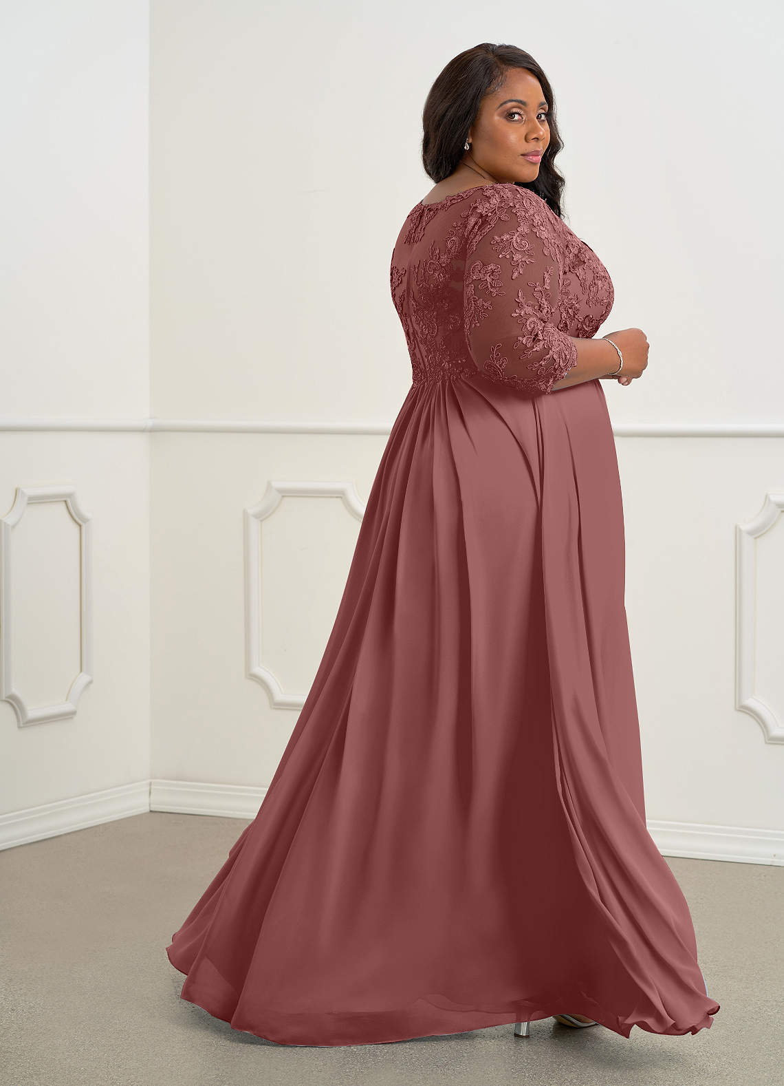 Azazie Hayek Desert Rose A-Line V-Neck Lace Chiffon Dress | Azazie