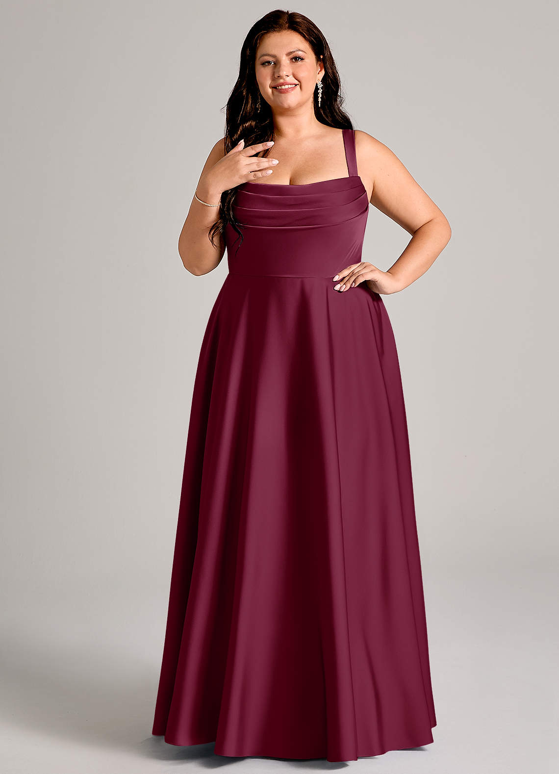 Azazie Shaude Bridesmaid Dresses Mulberry A-Line Pleated Stretch Satin Dress image1
