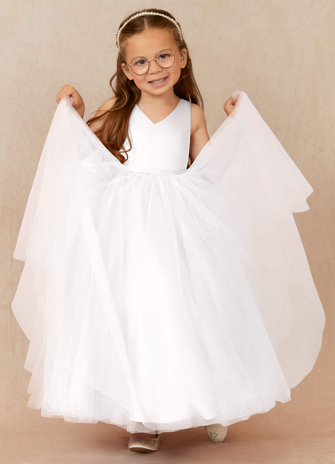 Azazie A Line Princess V Neck Ankle Length Tulle Flower Girl Dresses White