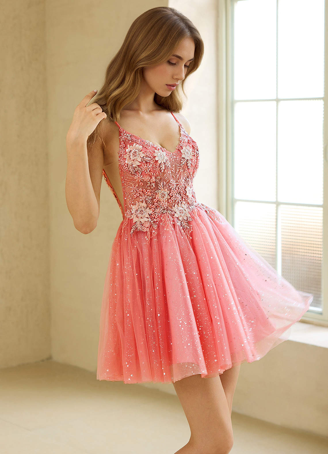 Azazie Spaghetti Strap Homecoming Dress 2026 Orange Beading Bra Friendly