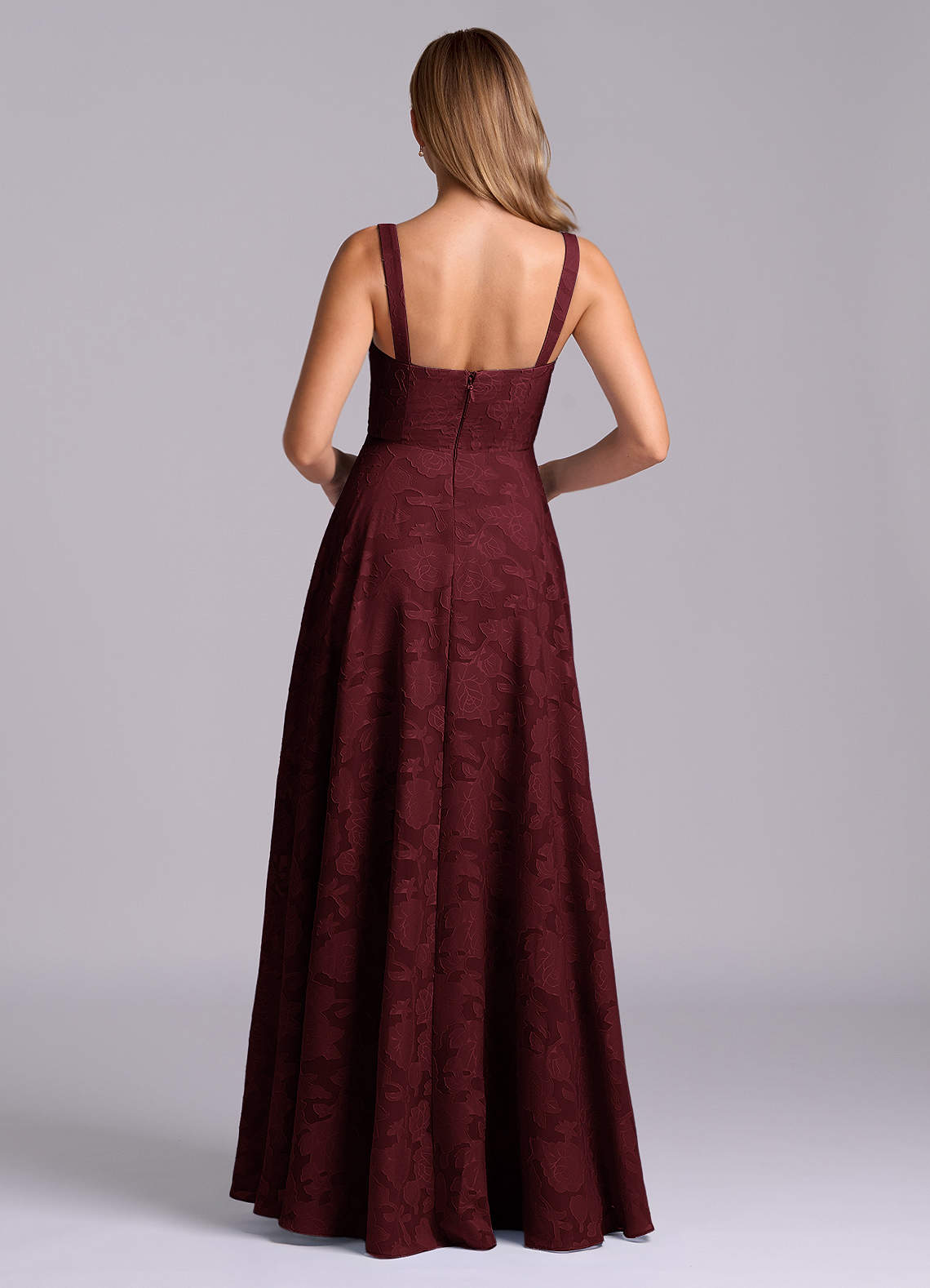 Azazie Shaude Bridesmaid Dresses Cabernet A-Line Pleated Floral Burnout Dress image1