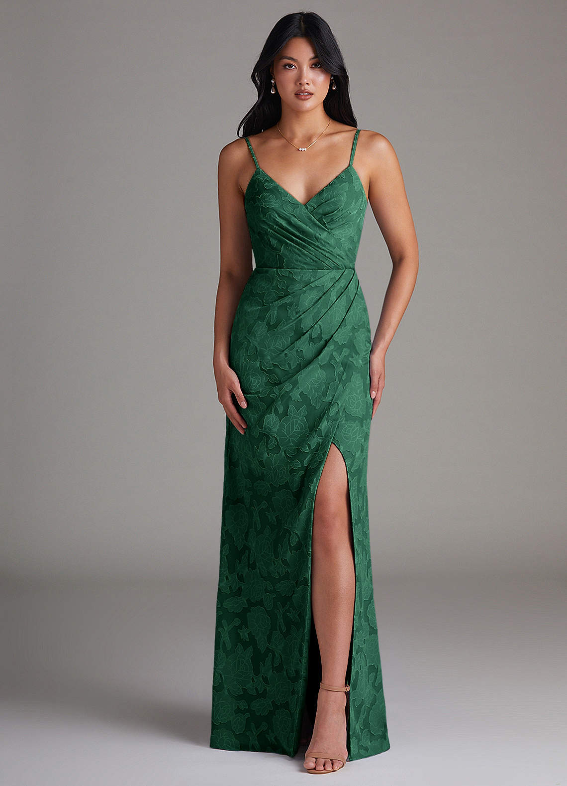 Azazie Sheath V-Neck Floor-Length Floral Burnout Bridesmaid Dresses - Dark Green