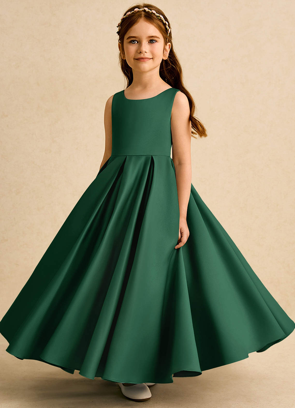 Azazie Pepper Dark Green A-Line Pleated Matte Satin Dress | Azazie