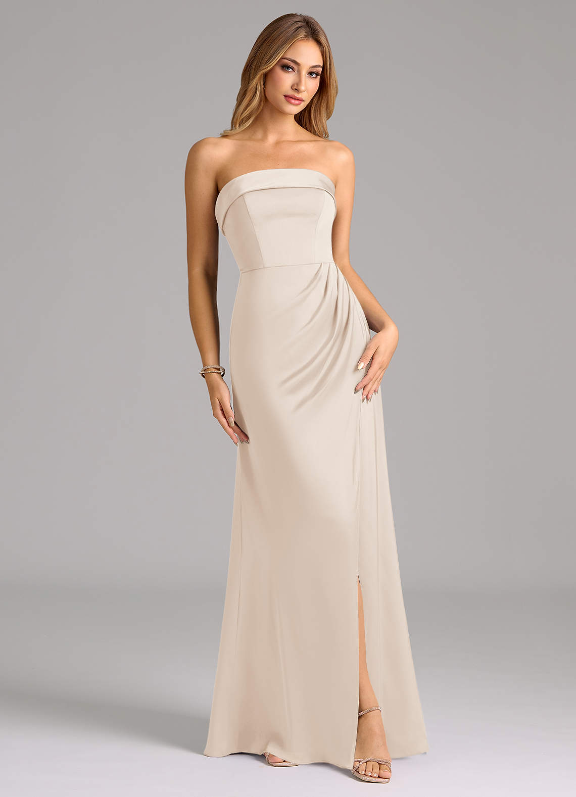 Azazie Aretha Brautjungfernkleider Wandelbar A-Linie Schulterfrei Stretch-Satin Kleid Alabaster Weiß image1