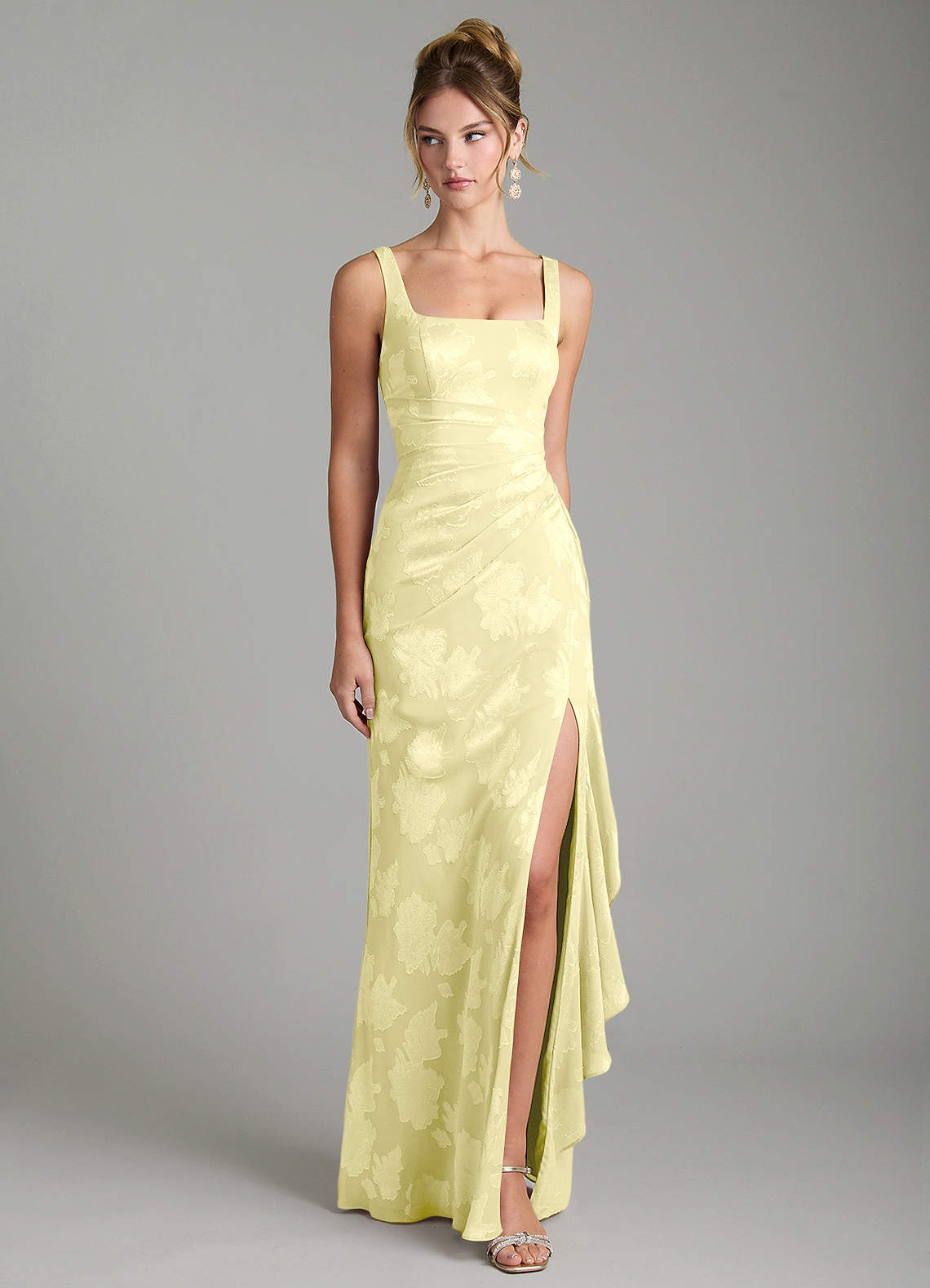 grey bridesmaid dresses yellow flowers Azazie Veronica Lemon Sorbet Floral Jacquard Burnout baby yellow bridesmaid dresses