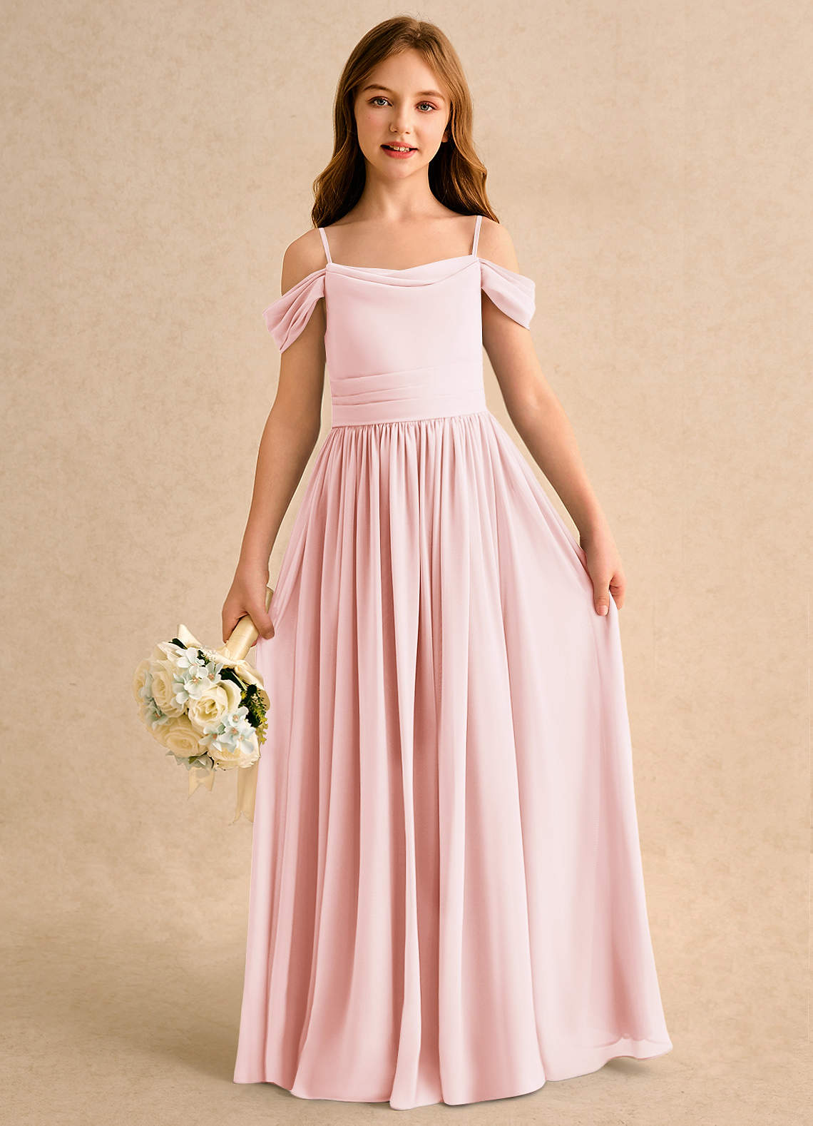 Azazie Shia Girls Formal Sukienki dla dziewczynek sypiących kwiaty Linia A Zza ramienia Szyfon Długość podłogi Sukienka image1