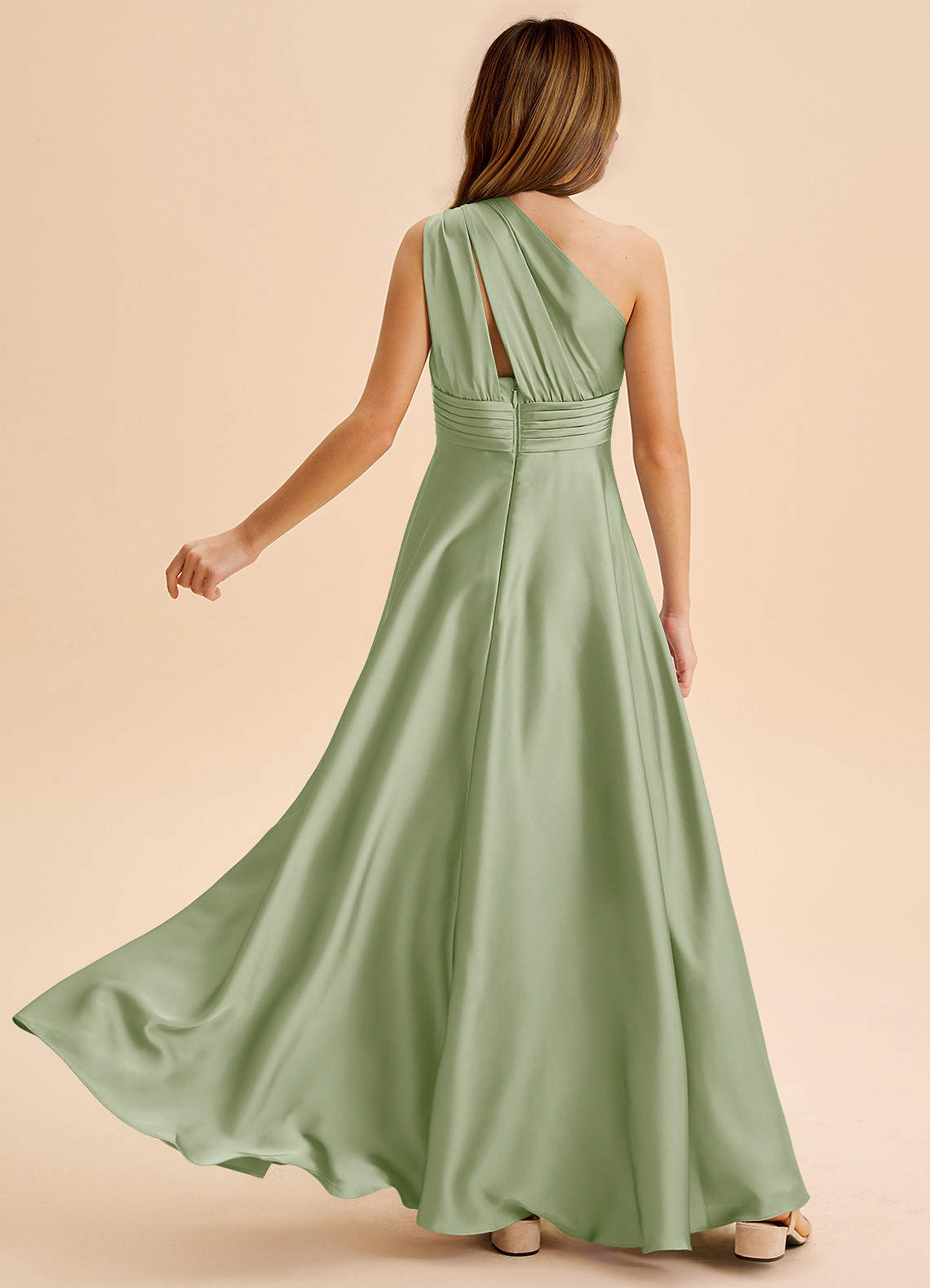 Azazie Charlize Junior Dusty Sage A-Line Pleated Stretch Satin Dress image1
