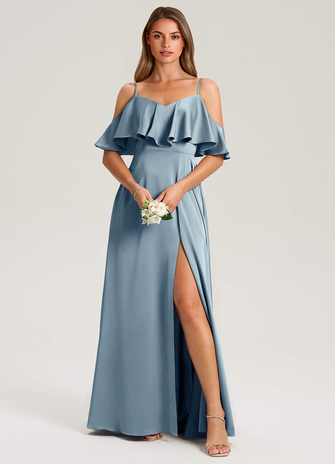 Azazie Jean Brautjungfernkleider A-Linie Schulterfrei Stretch-Satin Kleid Staubblau image1