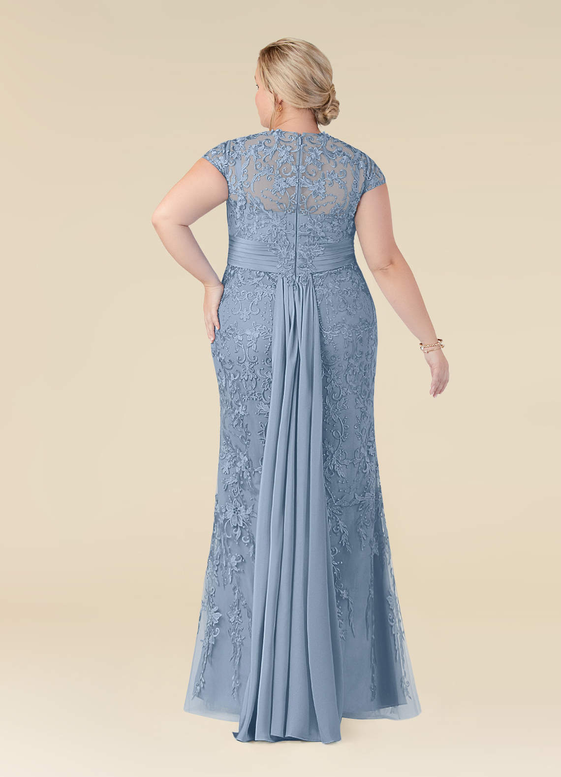 Azazie Jamila Venta Final Vestido de Azul Polvoriento de Encaje de Corte Sirena image7