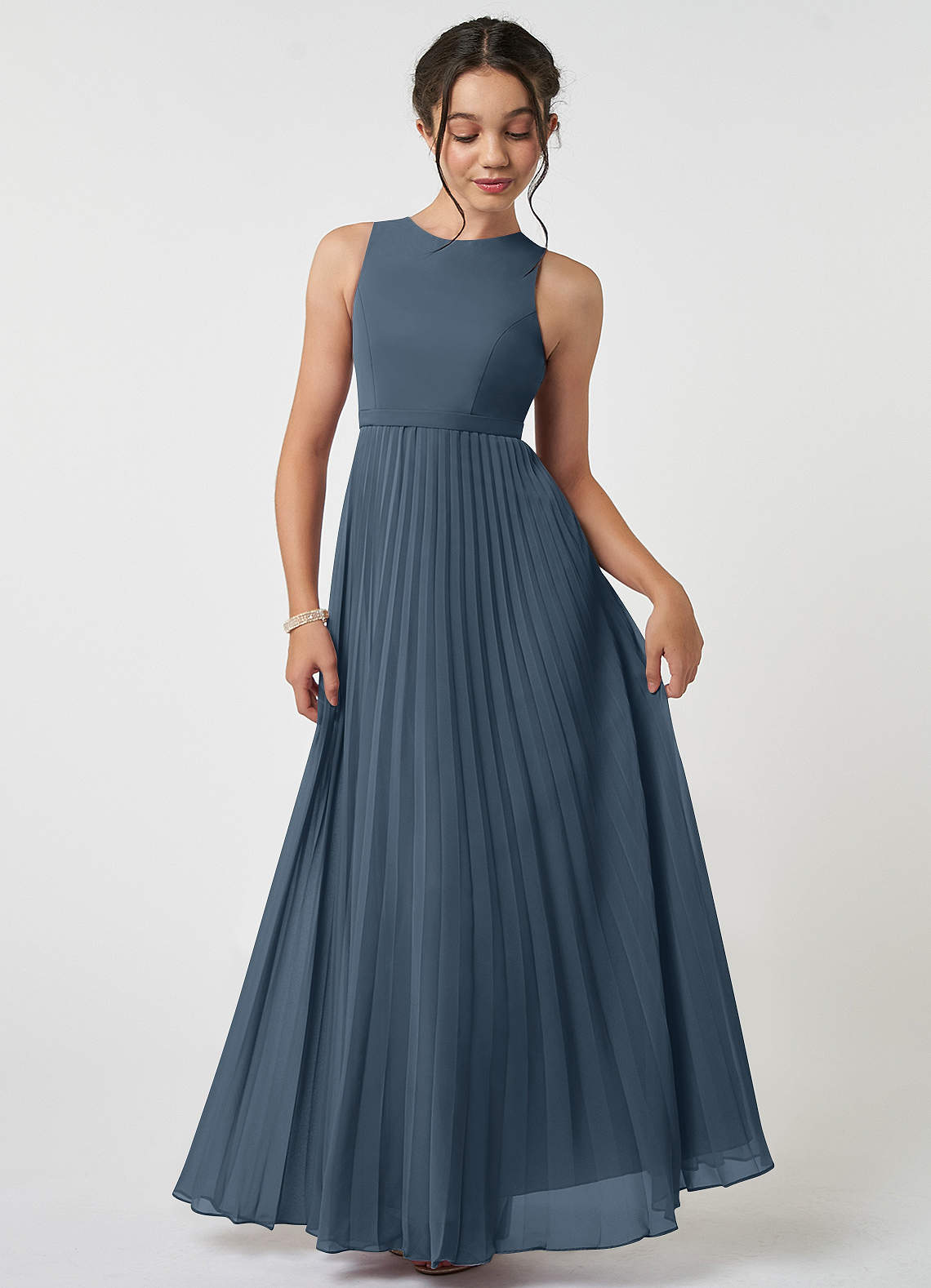 Azazie Lindie Junior Robe Trapèze en Mousseline de soie Plissée Neptune image1