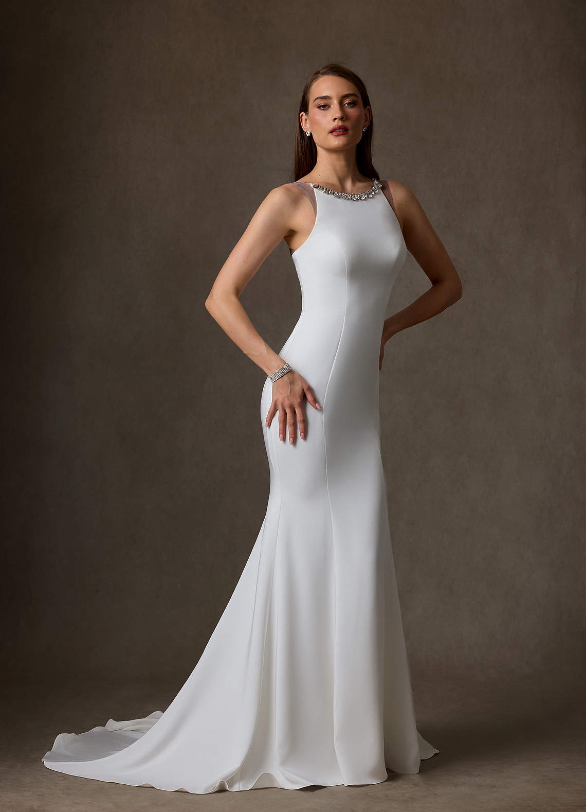 Azazie Naia Wedding Dresses Diamond White Mocha Mermaid Crepe Back Satin Dress image3