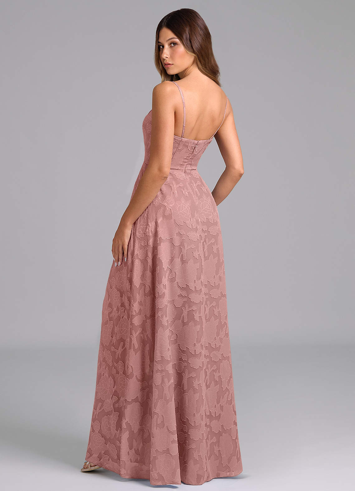 Azazie Wren At-home Try On Dresses Dusty Rose A-Line Strapless Floral Burnout Dress image3