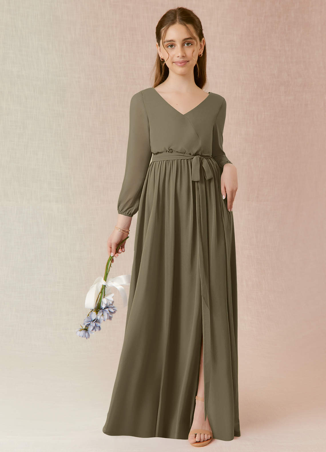 Azazie Angelica Junior Abito A-Line in Chiffon Plissettato Willow Green image1