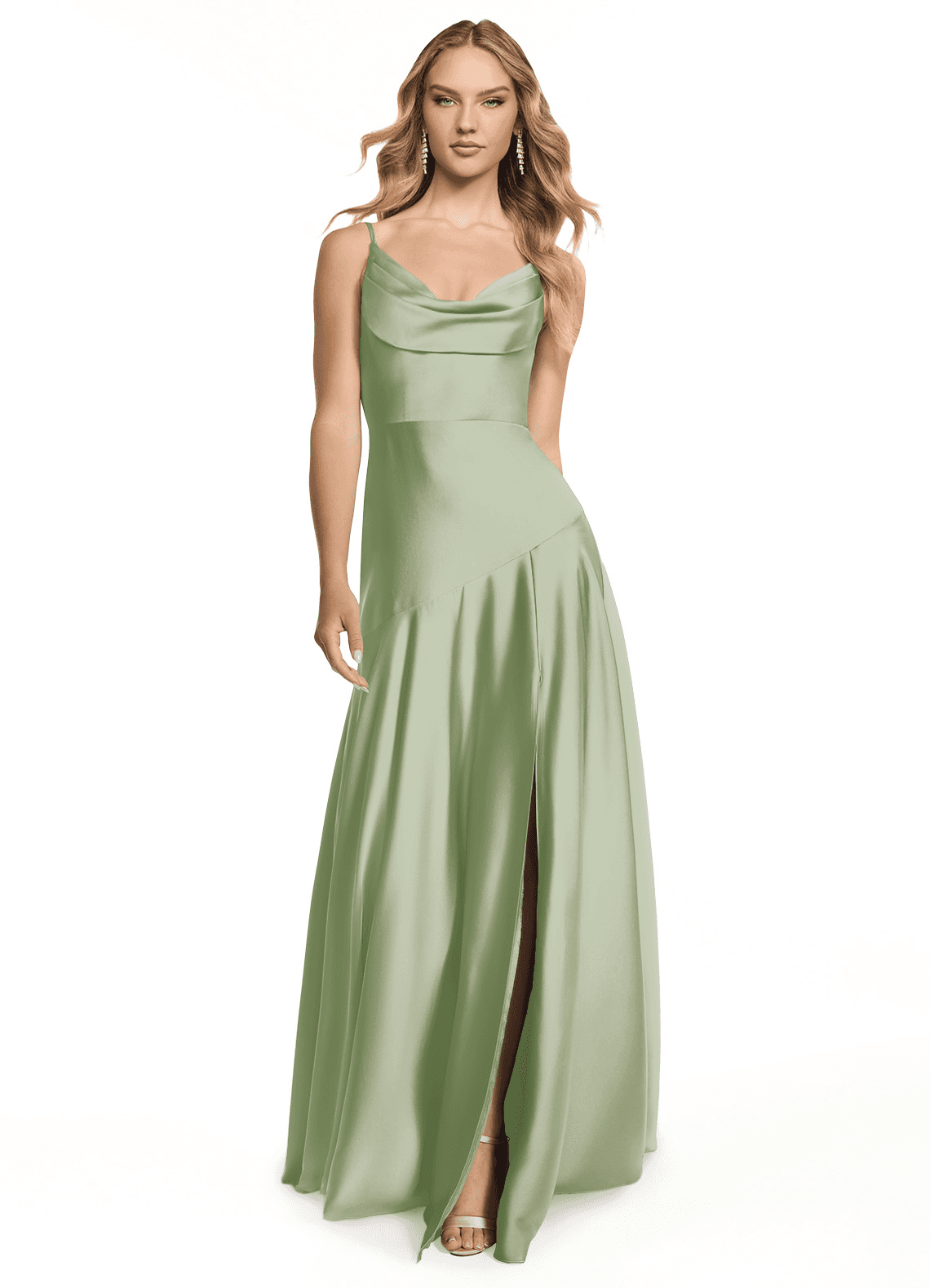Azazie Kayla Bridesmaid Dresses Dusty Sage Sheath Side Slit Stretch Satin Dress image1
