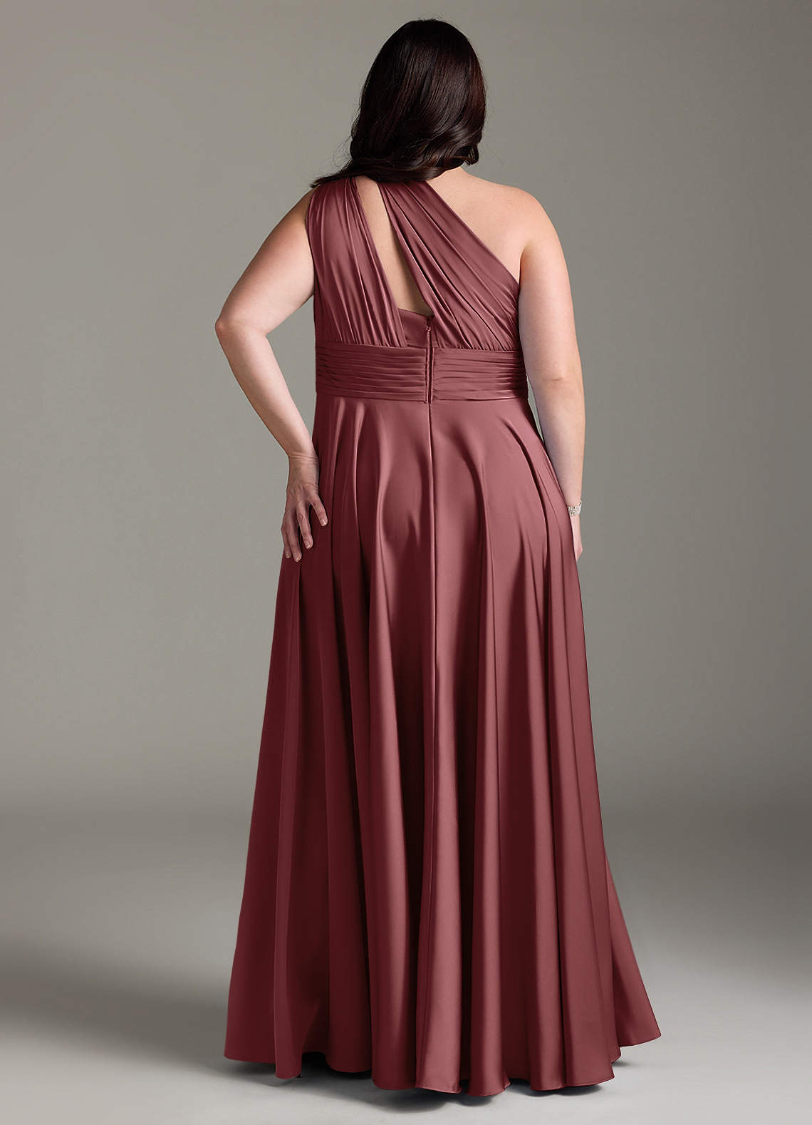 Azazie Charlize Bridesmaid Dresses Amethyst A-Line One Shoulder Stretch Satin Dress image9
