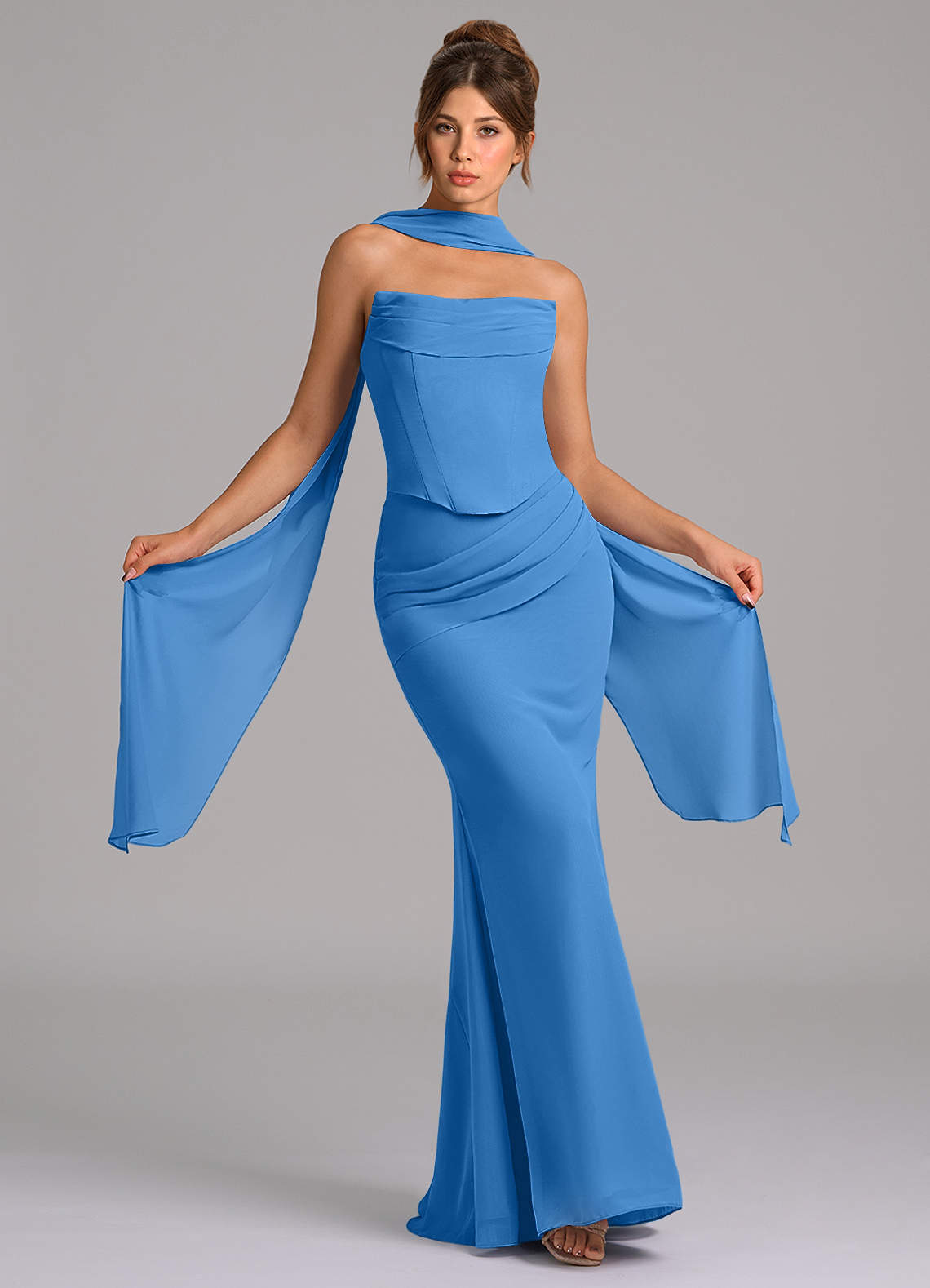 Azazie Sorrel Vestidos de damas de honor Vestido de Azul Grisaceo de Gasa de Corte Sirena con Corsé image1