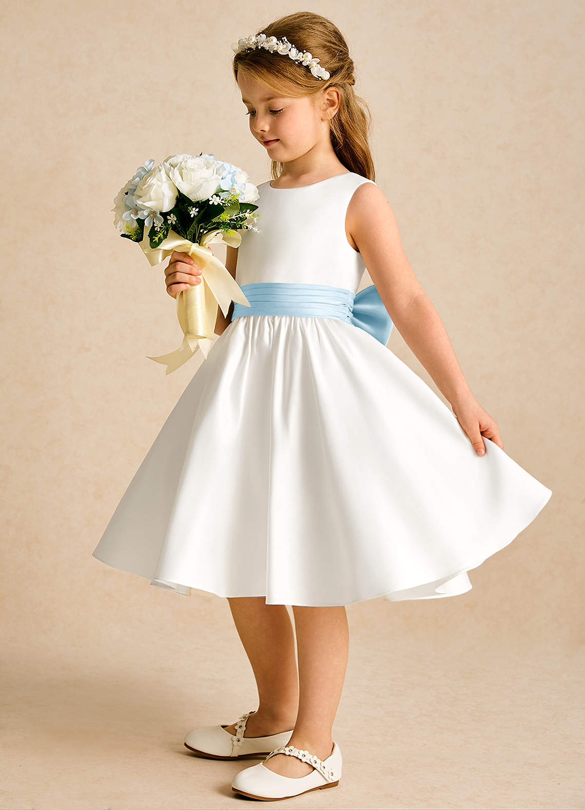 Azazie Sosie Flower Girl Dresses Ivory Sky Blue A-Line Pleated Matte Satin Dress image2