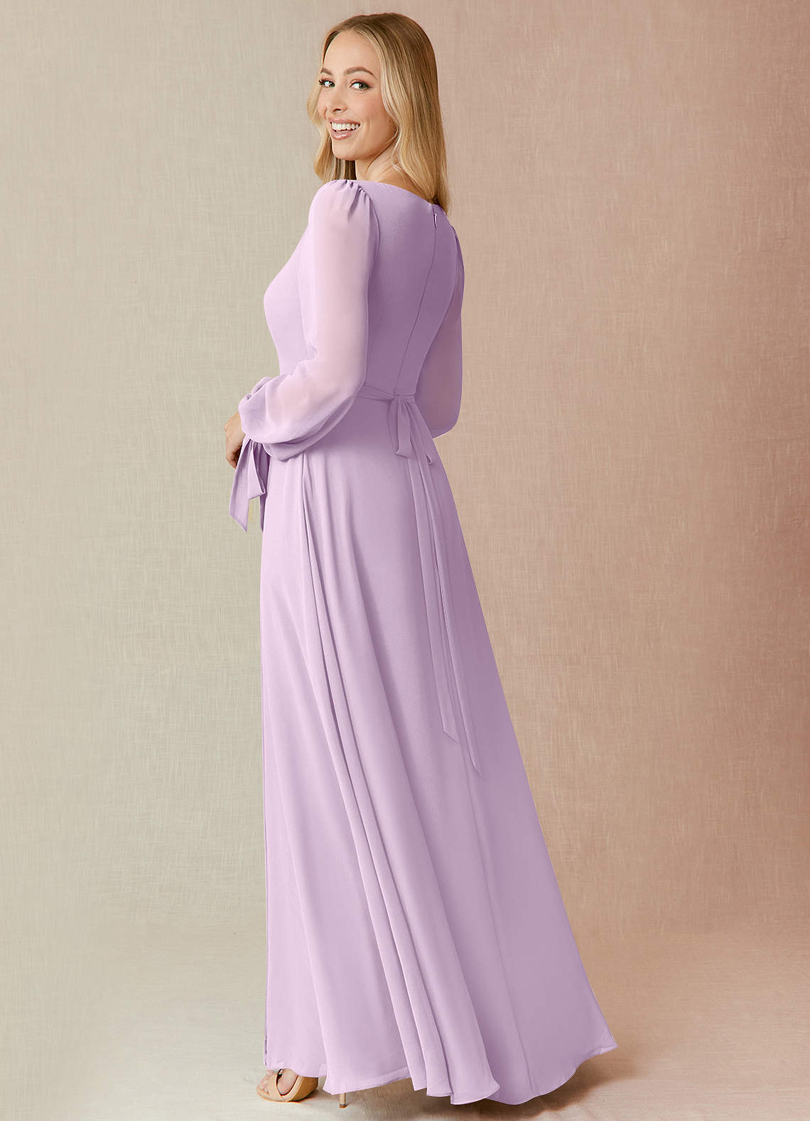 Azazie Leonia Bridesmaid Dresses Frosted Lilac A-Line Long Sleeve Chiffon Dress image1