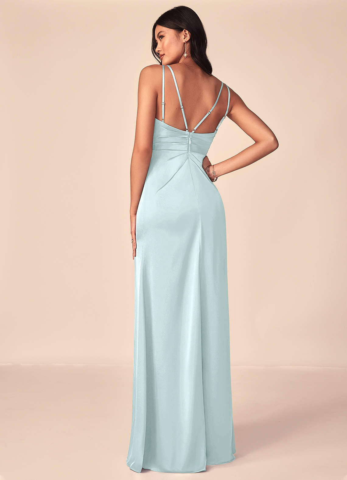 sachin and babi light blue dress Aqua Stretch Charmeuse Satin Halter A-line Evening Dress With Slit main image 1