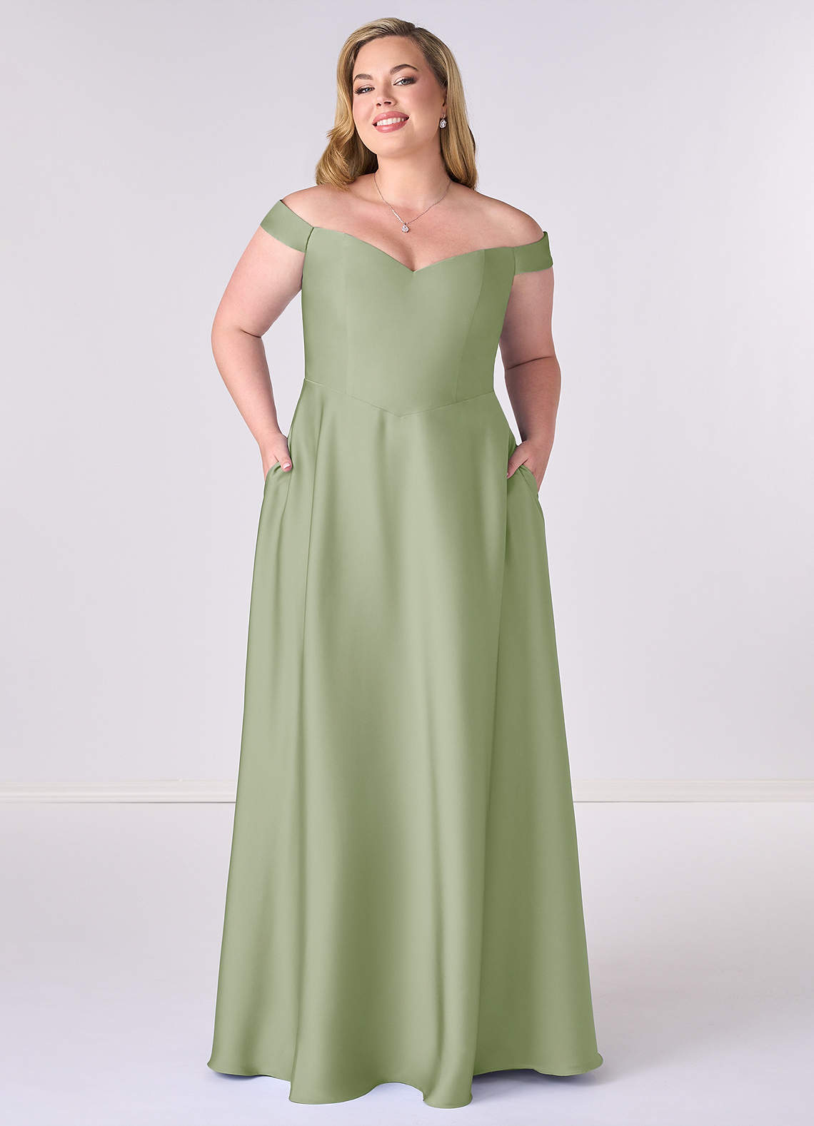 Barbie ♥ Azazie Bridesmaid Dresses Dusty Sage A-Line Off the Shoulder Stretch Satin Convertible Dress image1
