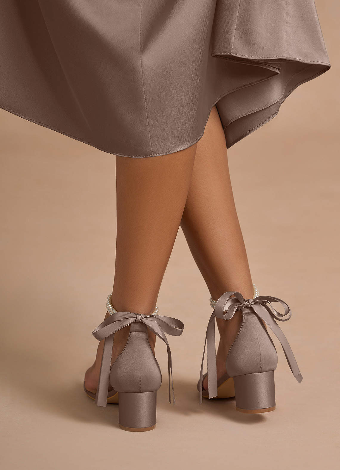 front Matching Color Matte Satin Pearl and Bow Open Toe Chunky Heel Sandals