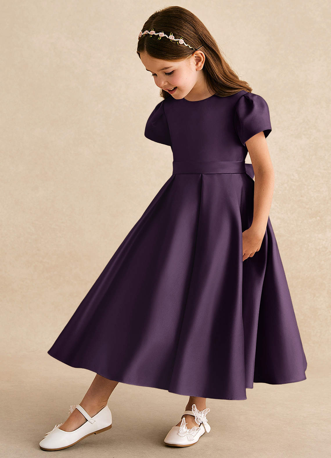 Azazie Princess vestidos de niña de las flores Vestido de Ciruela de Satin Mate de Corte En A con Plisado image1