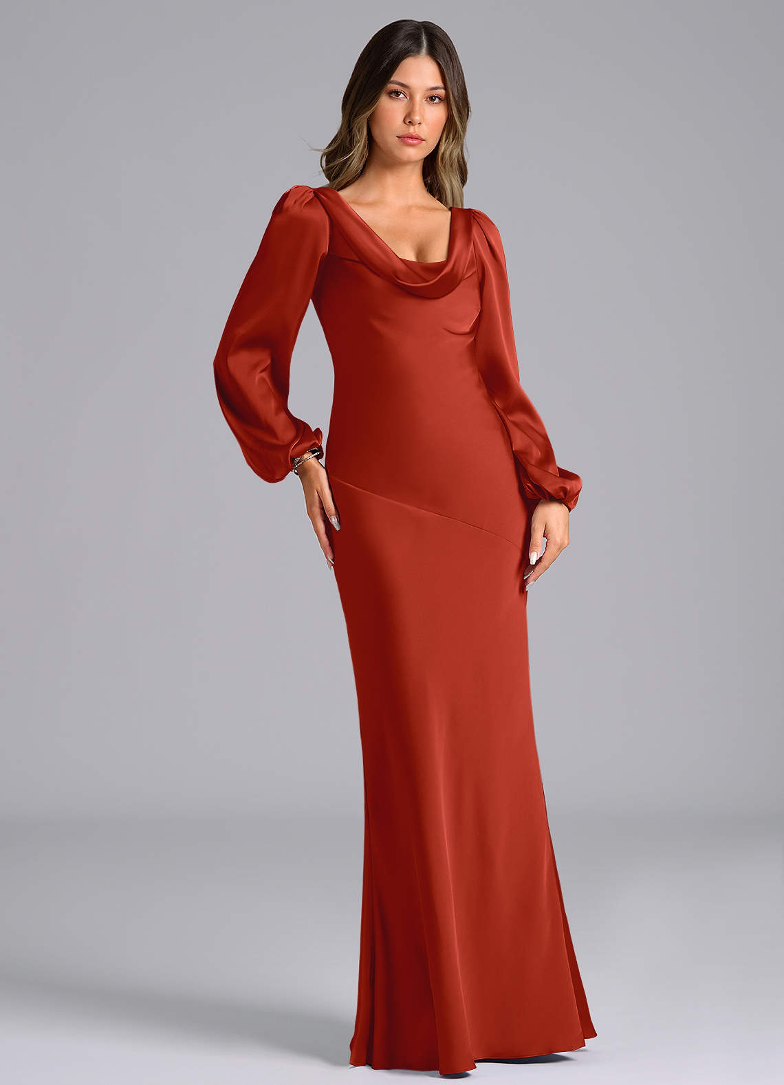 knee length dresses for ladies Zapaka Women Rust Satin A Line Midi Formal Dress V-Neck Long Sleeves Evening Dress, Rust / US4
