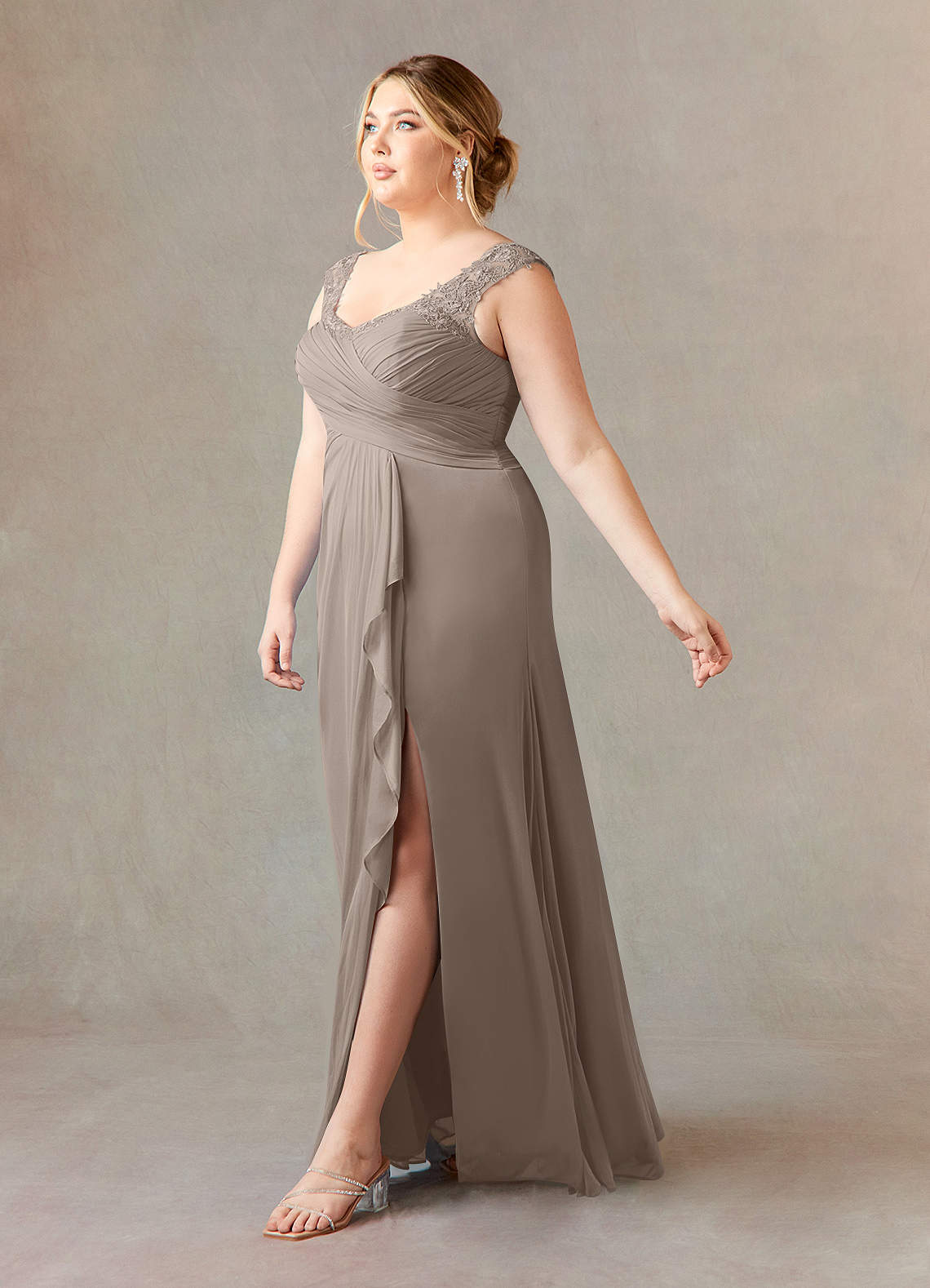 Azazie Edelin Taupe A-Line Sweetheart Neckline Pleated Mesh Dress | Azazie