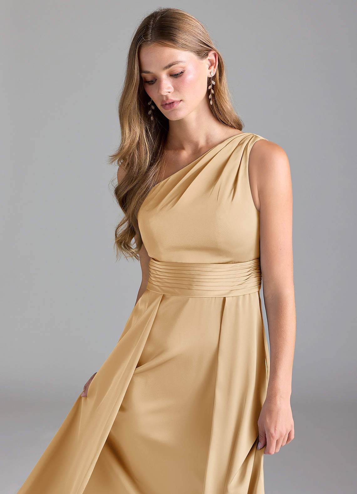 Azazie A-Line One-Shoulder Floor-Length Stretch Satin Bridesmaid Dresses - Gold