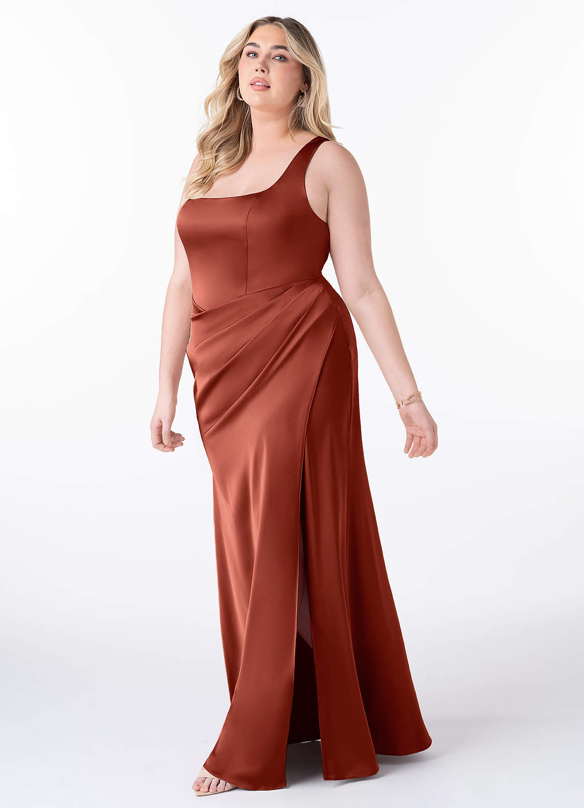 Azazie Mero Robes de demoiselle d'honneur Robe Sirène en Satin extensible Plissée Terracotta image7