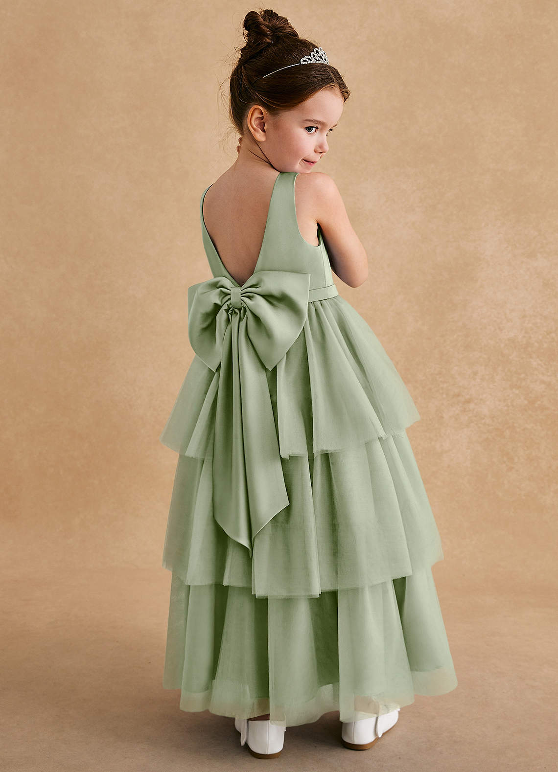 Azazie Megallie Flower Girl Dresses Dusty Sage A-Line Bow Tulle Dress image1