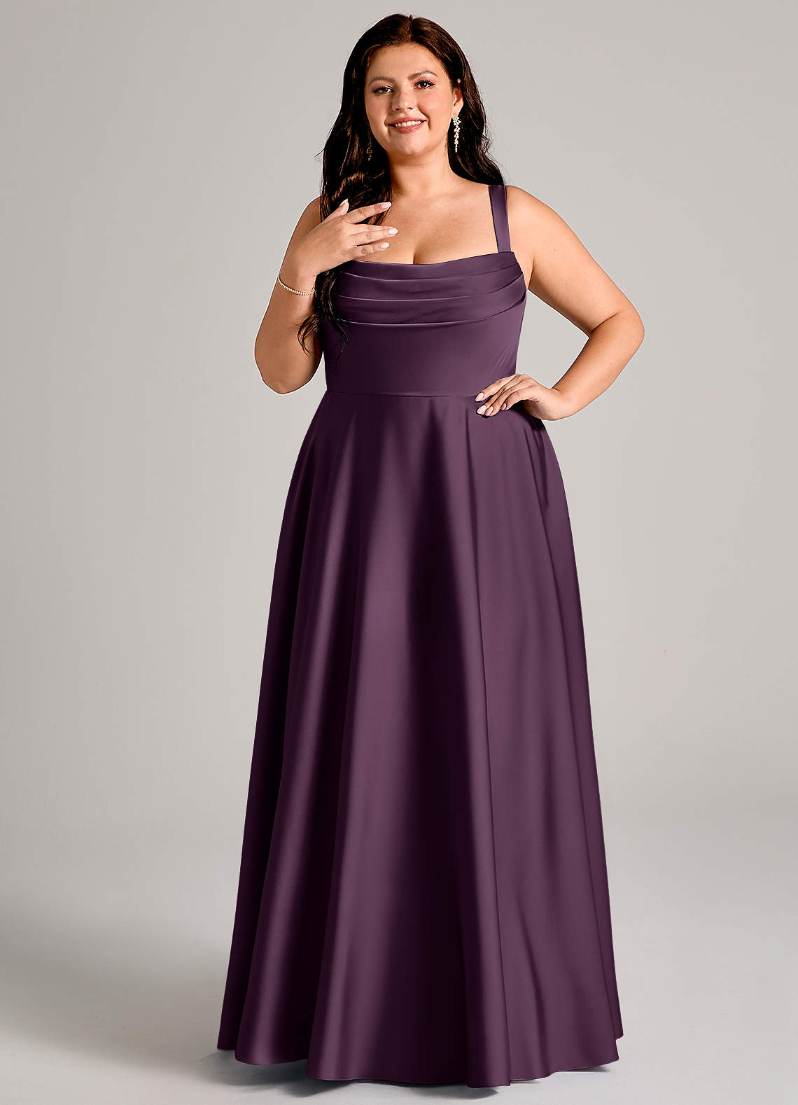 Azazie Shaude Bridesmaid Dresses Plum A-Line Pleated Stretch Satin Dress image1