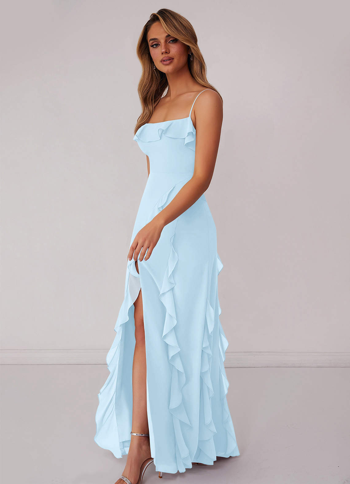 Barbie ♥ Azazie Bridesmaid Dresses Chiffon Ruffle Column Dress with Leg Slit image4