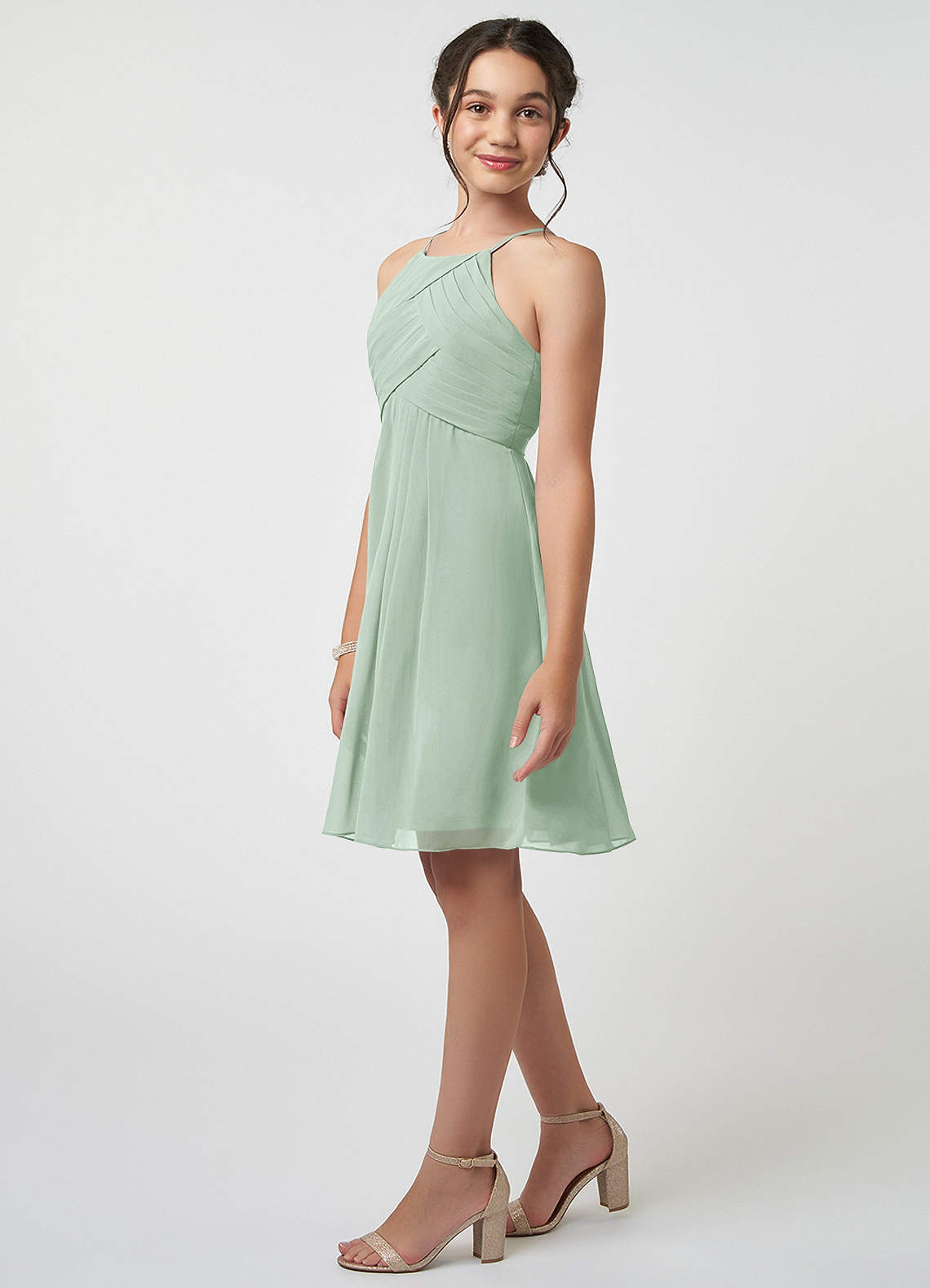 Azazie Ginny Junior Vestido Agave de Chiffon de Linha A com Plissado image2