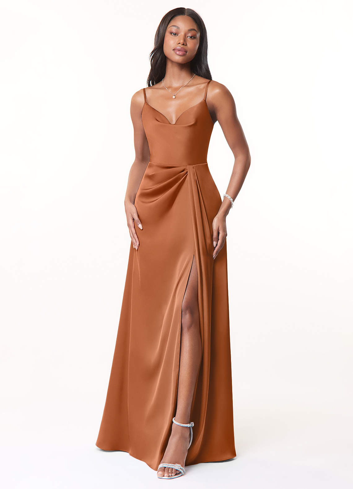 Azazie Brielle Brautjungfernkleider A-Linie Cowl-Spaghettiträger Stretch-Satin Kleid Kupfer image1